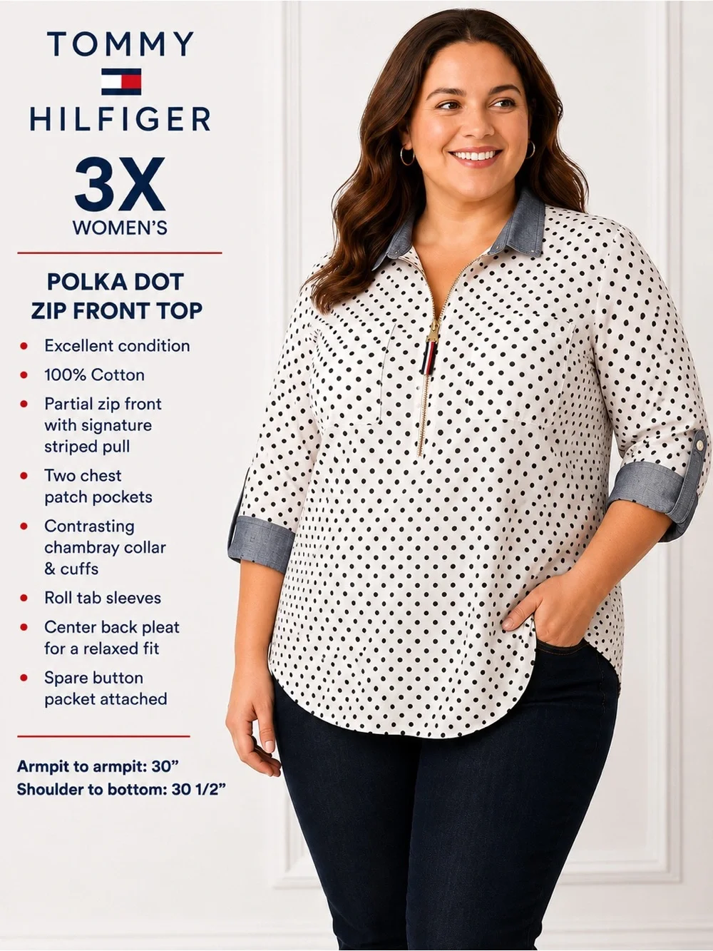 Tommy Hilfiger 3X Polka Dot Half Zip Cotton Tunic Top